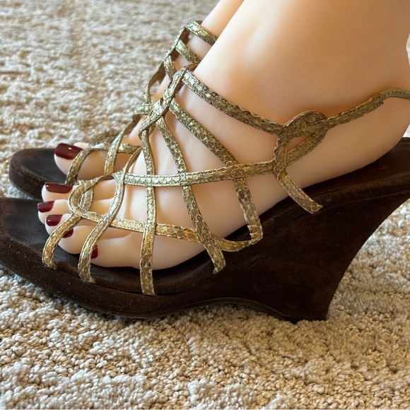 Salvatore Ferragamo Gold & Brown Suede Wedge Sandals - Picture 8 of 10